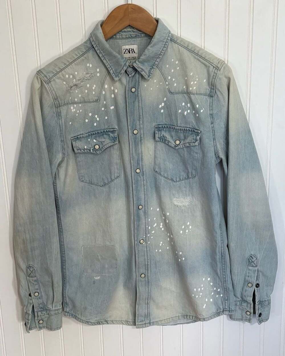 Zara Denim Shirt Size S Blue Paint Splatter Relaxed Fit